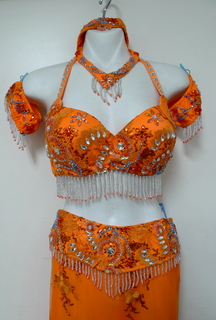 ベリーダンス衣装 オレンジ ブラ・ベルト・スカートセット ベリー